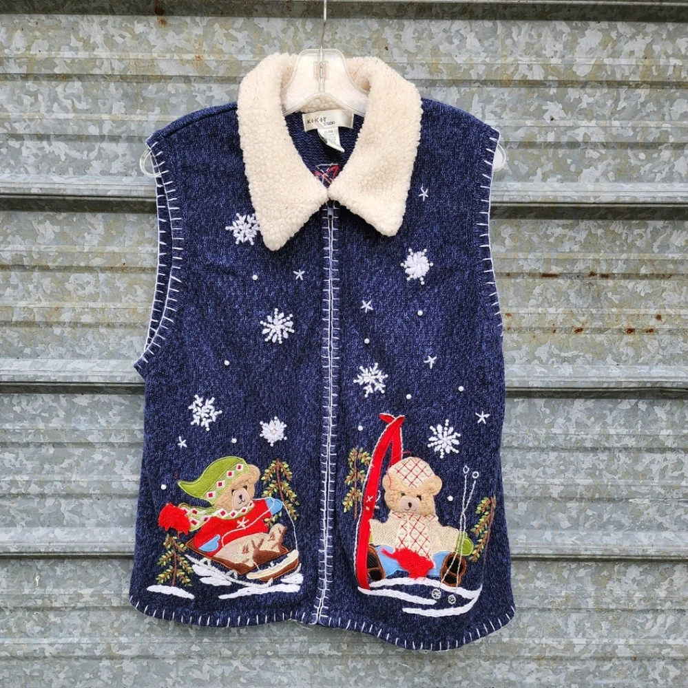 VINTAGE Holiday Not So Ugly Christmas Teddy Bear Embroidered Zip-Up Cardigan - Picture 5 of 14